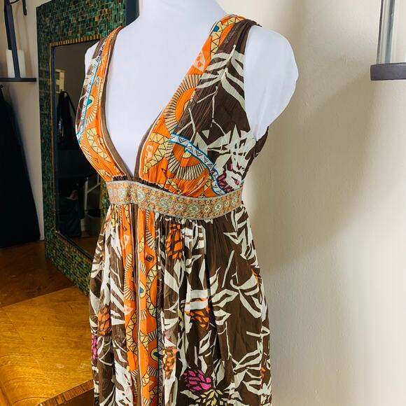 Vintage Nicole Miller Sz 4 Silk Plunge Sleeveless Dress Brown Orange Summer Fall - Picture 4 of 11